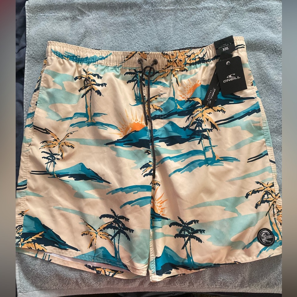 O'Neill Men's Tropical Print Athletic Shorts in Cream, Teal & Blue